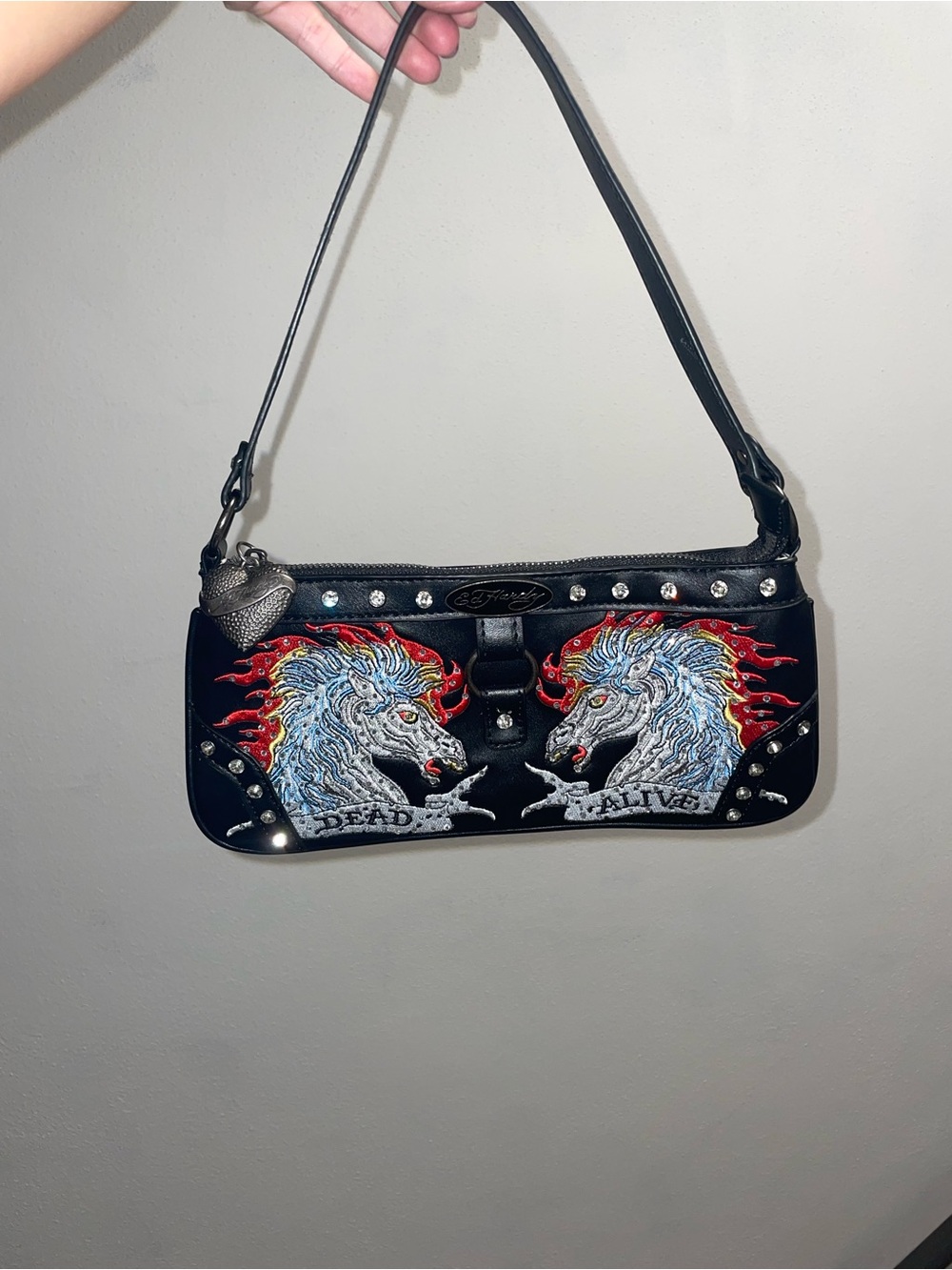 Ed Hardy Black Embellished & Embroidered Shoulder Bag